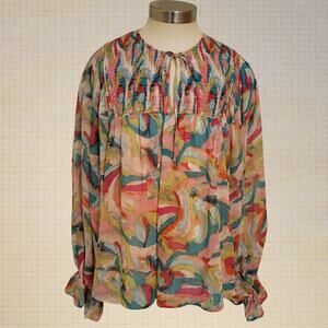 Entro Boho Chiffon Peasant Blouse Multicolor Smocked Tie Neck Balloon Sleeve